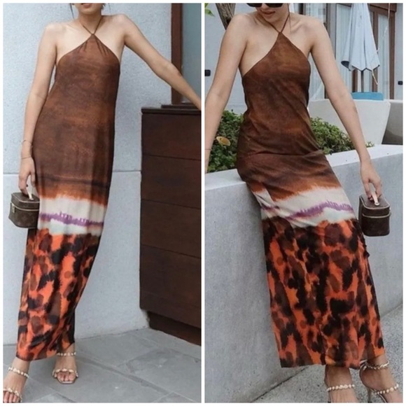 ZARA Tulle Bloggers Favorite Halter Maxi open back Dress Brown Open Back NWT - Picture 8 of 11